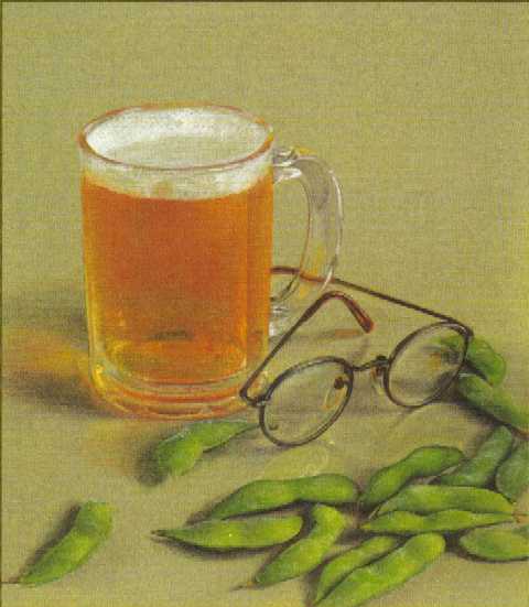 ほっこりする時間 ビールと枝豆と眼鏡